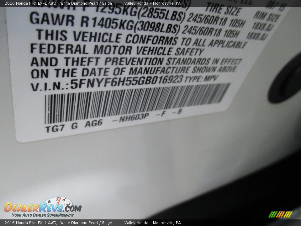 2016 Honda Pilot EX-L AWD White Diamond Pearl / Beige Photo #19