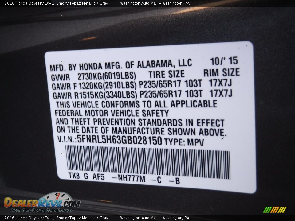 2016 Honda Odyssey EX-L Smoky Topaz Metallic / Gray Photo #29