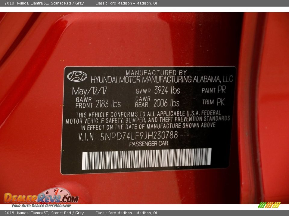 2018 Hyundai Elantra SE Scarlet Red / Gray Photo #15