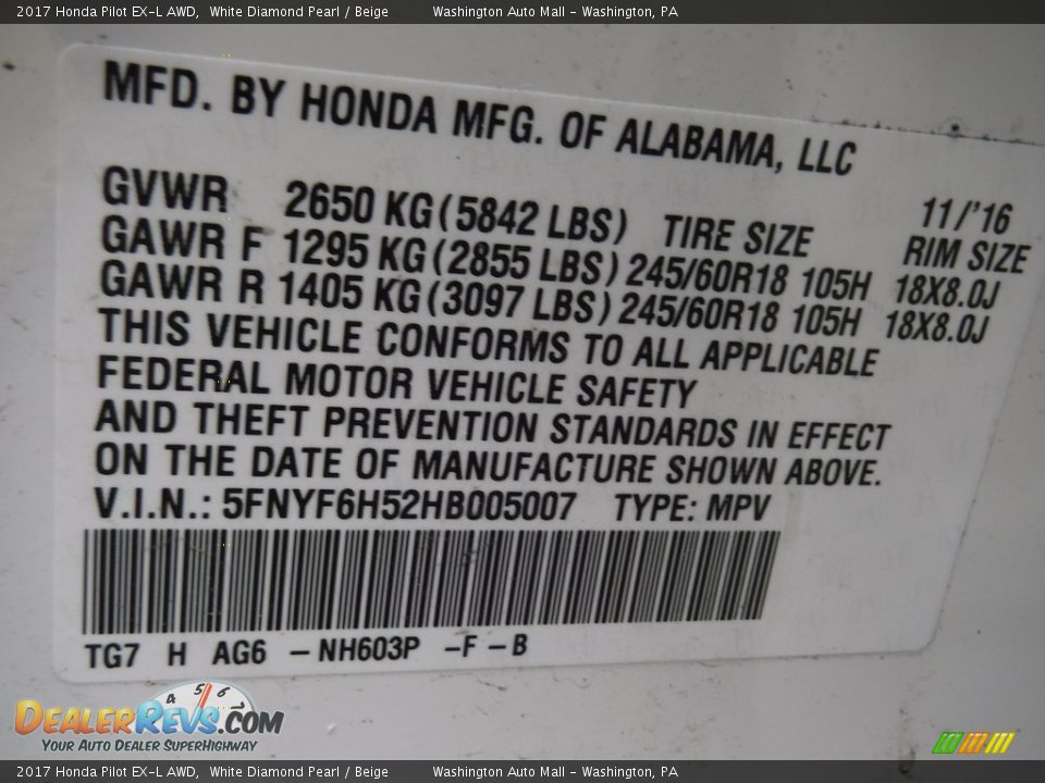 2017 Honda Pilot EX-L AWD White Diamond Pearl / Beige Photo #29