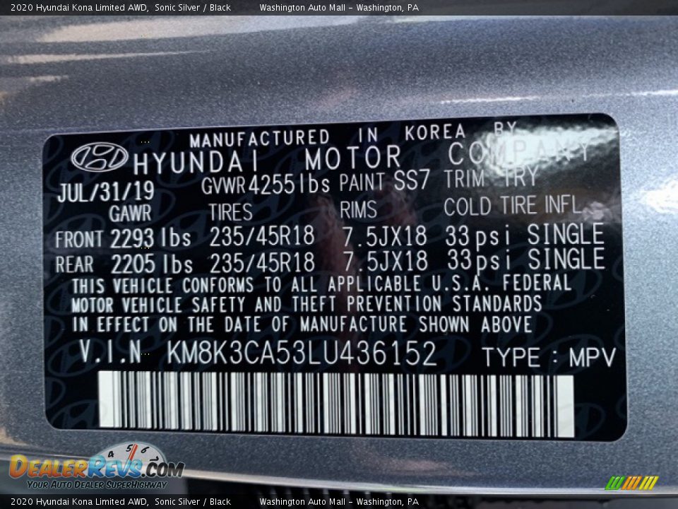 2020 Hyundai Kona Limited AWD Sonic Silver / Black Photo #10