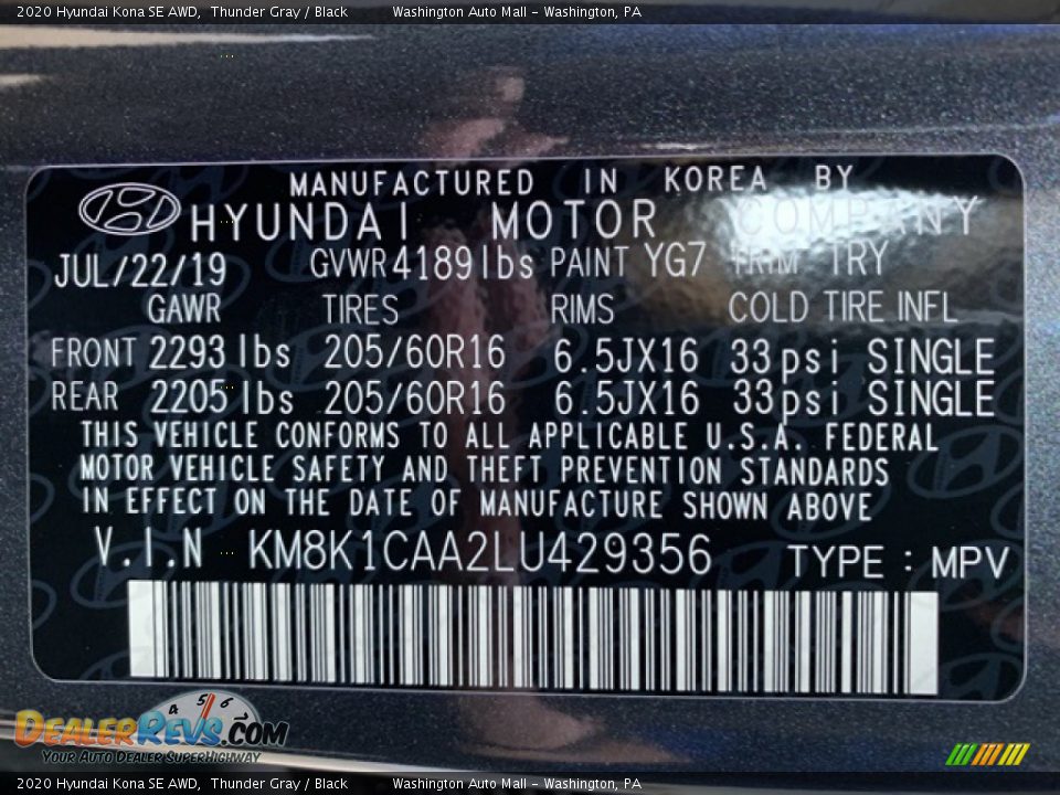 2020 Hyundai Kona SE AWD Thunder Gray / Black Photo #10