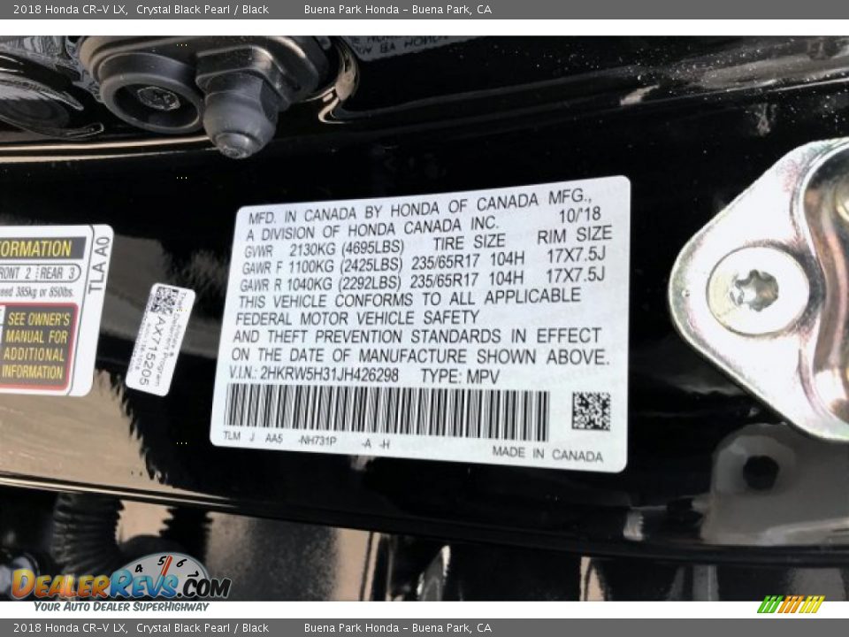 2018 Honda CR-V LX Crystal Black Pearl / Black Photo #19