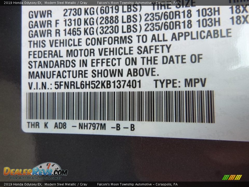 2019 Honda Odyssey EX Modern Steel Metallic / Gray Photo #12