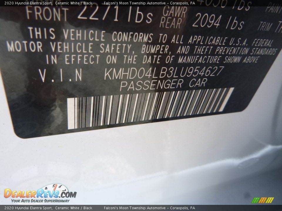 2020 Hyundai Elantra Sport Ceramic White / Black Photo #12