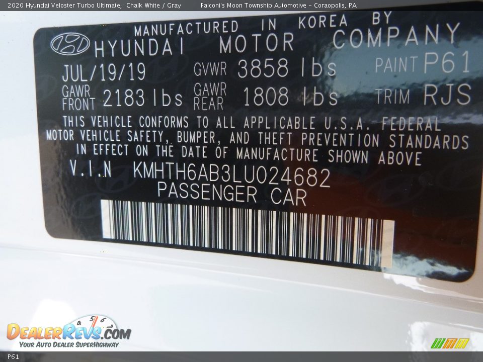Hyundai Color Code P61 Chalk White