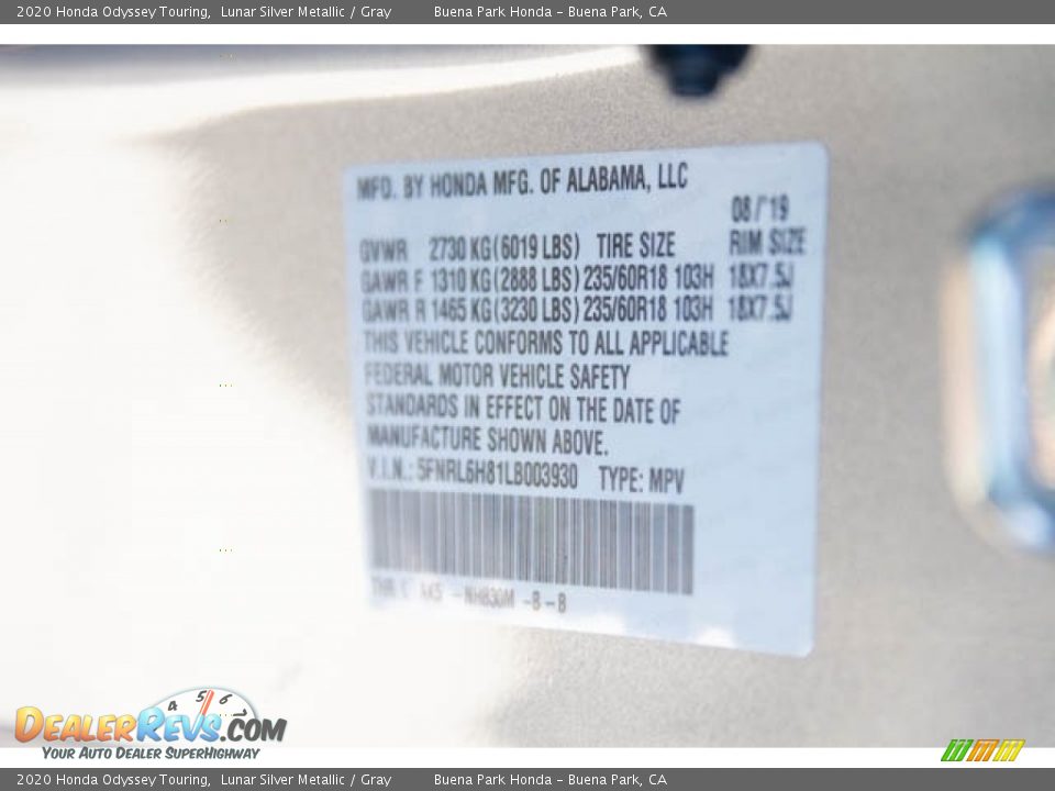 2020 Honda Odyssey Touring Lunar Silver Metallic / Gray Photo #19