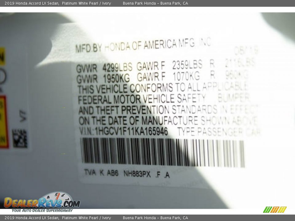 2019 Honda Accord LX Sedan Platinum White Pearl / Ivory Photo #29
