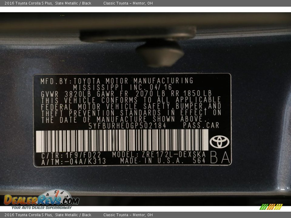 2016 Toyota Corolla S Plus Slate Metallic / Black Photo #18