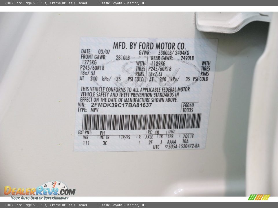 2007 Ford Edge SEL Plus Creme Brulee / Camel Photo #17