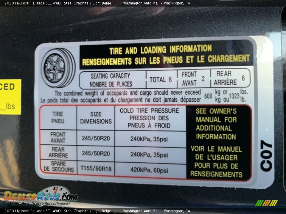 Info Tag of 2020 Hyundai Palisade SEL AWD Photo #9