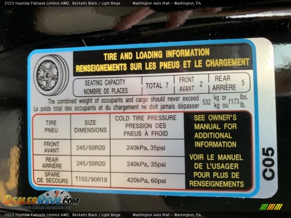 Info Tag of 2020 Hyundai Palisade Limited AWD Photo #9