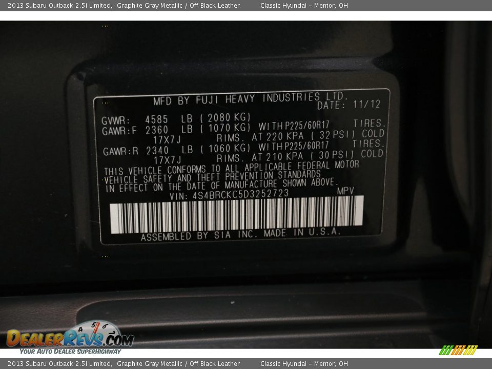 2013 Subaru Outback 2.5i Limited Graphite Gray Metallic / Off Black Leather Photo #22