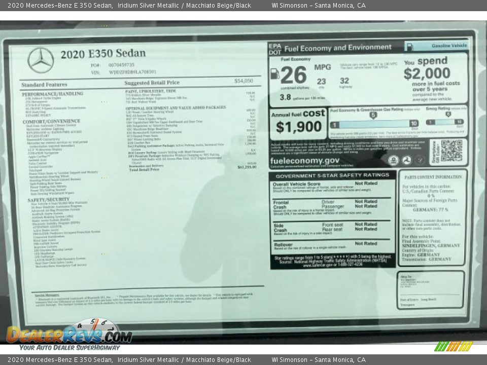 2020 Mercedes-Benz E 350 Sedan Window Sticker Photo #10