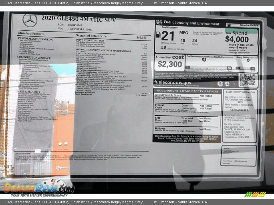 2020 Mercedes-Benz GLE 450 4Matic Window Sticker Photo #10