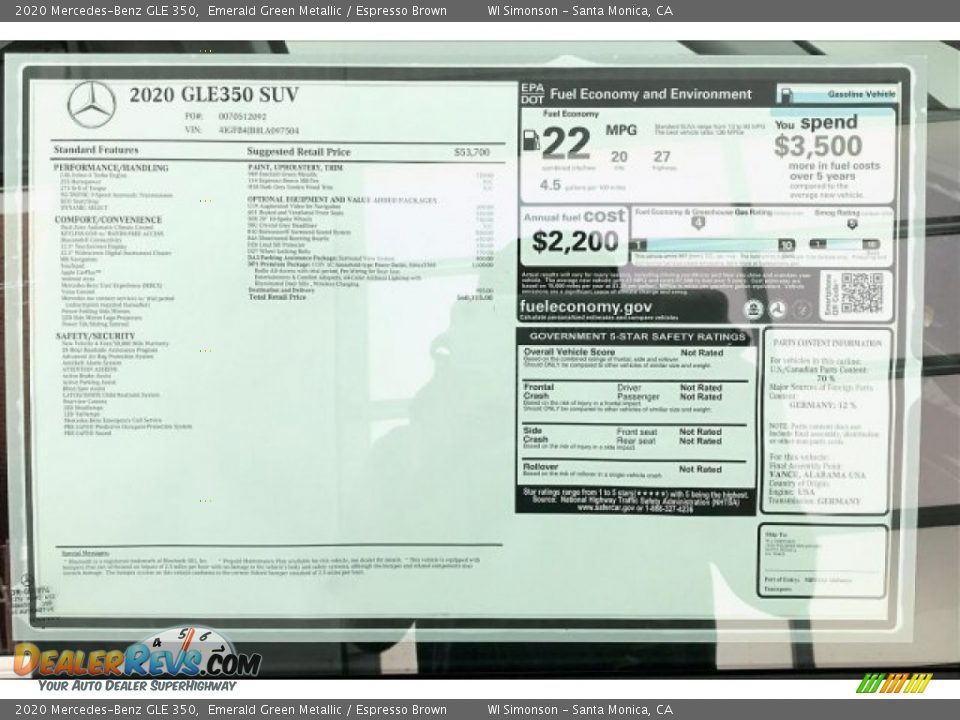 2020 Mercedes-Benz GLE 350 Window Sticker Photo #10