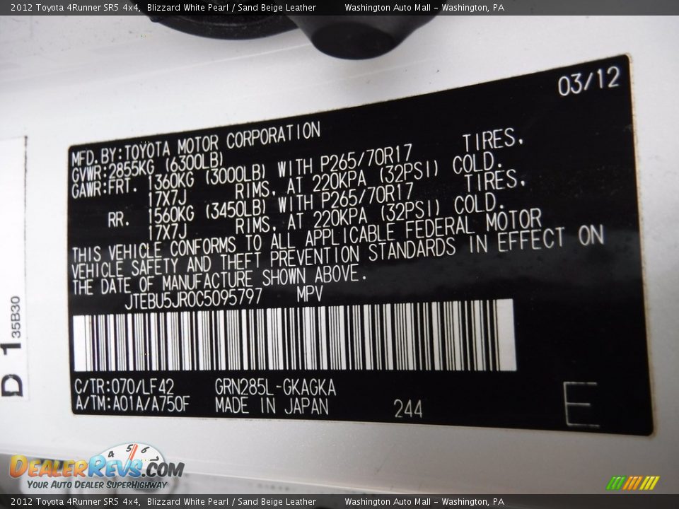 2012 Toyota 4Runner SR5 4x4 Blizzard White Pearl / Sand Beige Leather Photo #28