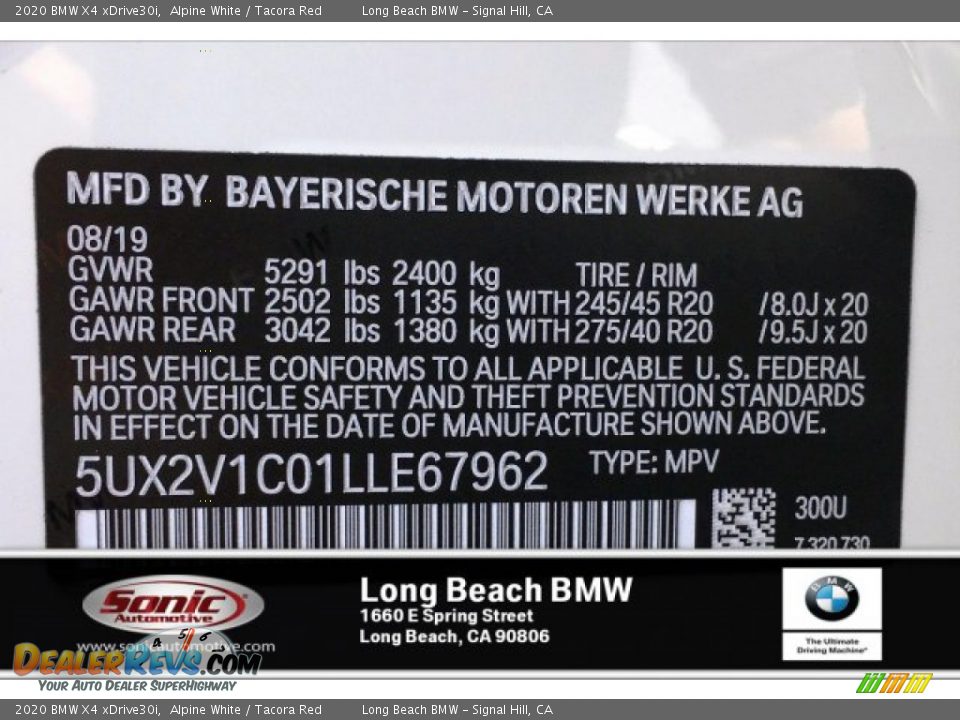 2020 BMW X4 xDrive30i Alpine White / Tacora Red Photo #11