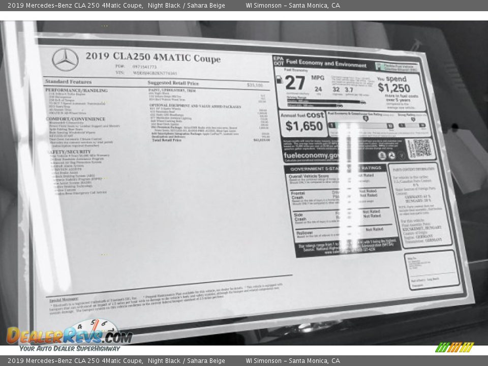 2019 Mercedes-Benz CLA 250 4Matic Coupe Window Sticker Photo #10