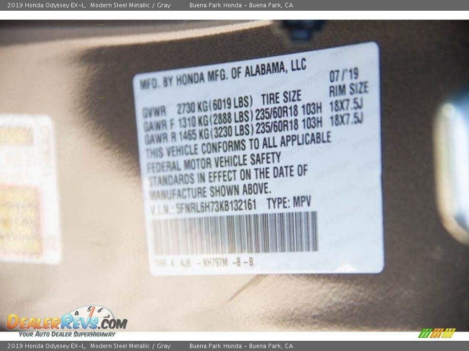 2019 Honda Odyssey EX-L Modern Steel Metallic / Gray Photo #28