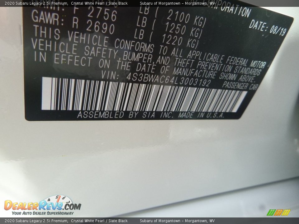 2020 Subaru Legacy 2.5i Premium Crystal White Pearl / Slate Black Photo #15