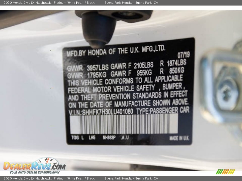 2020 Honda Civic LX Hatchback Platinum White Pearl / Black Photo #28