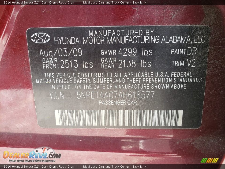 2010 Hyundai Sonata GLS Dark Cherry Red / Gray Photo #22