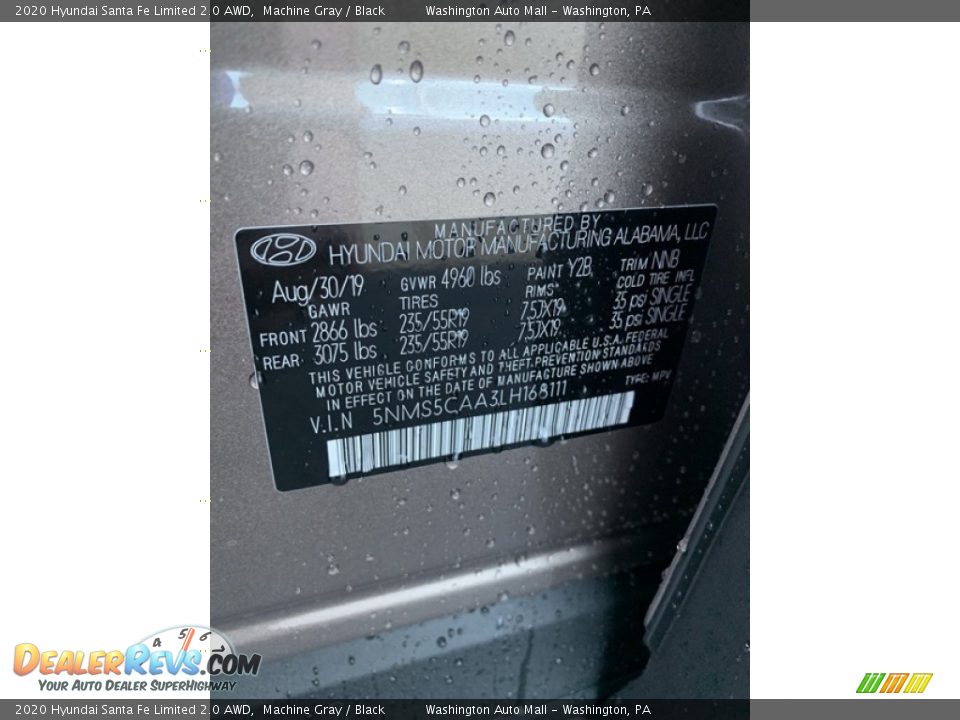 2020 Hyundai Santa Fe Limited 2.0 AWD Machine Gray / Black Photo #10