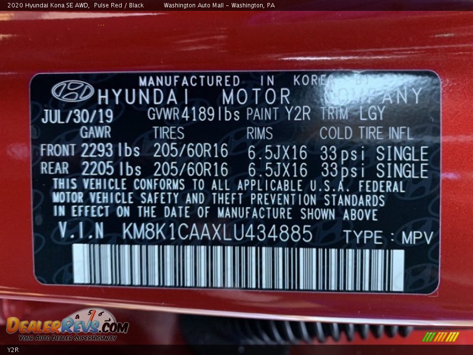 Hyundai Color Code Y2R Pulse Red
