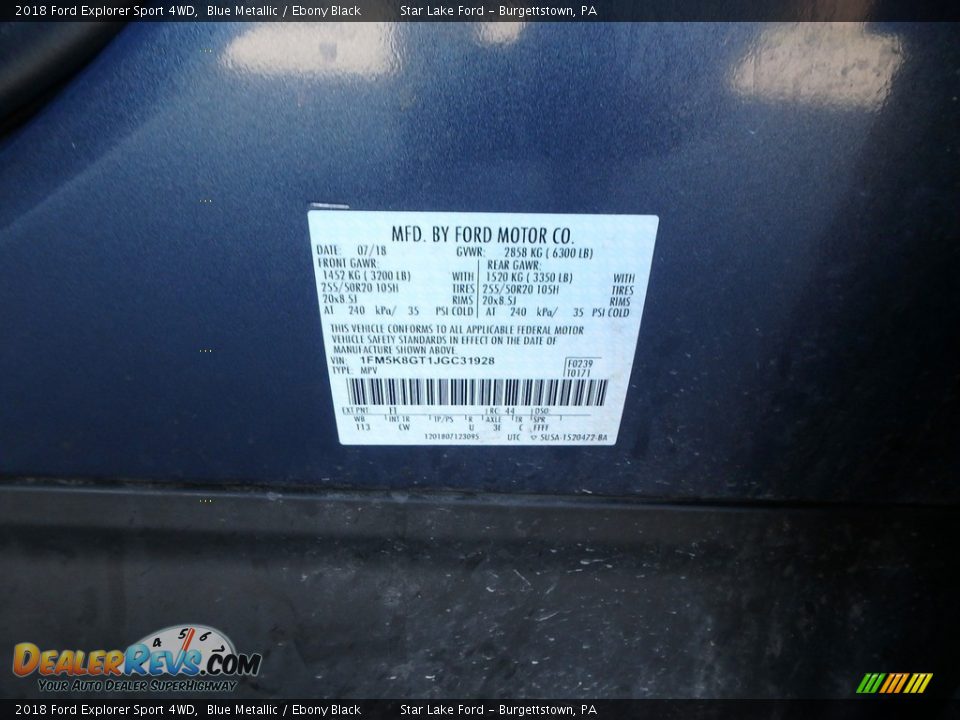 2018 Ford Explorer Sport 4WD Blue Metallic / Ebony Black Photo #4