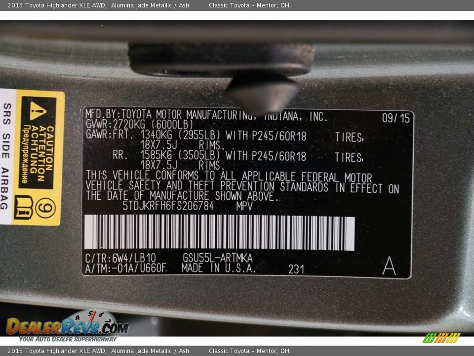 2015 Toyota Highlander XLE AWD Alumina Jade Metallic / Ash Photo #22