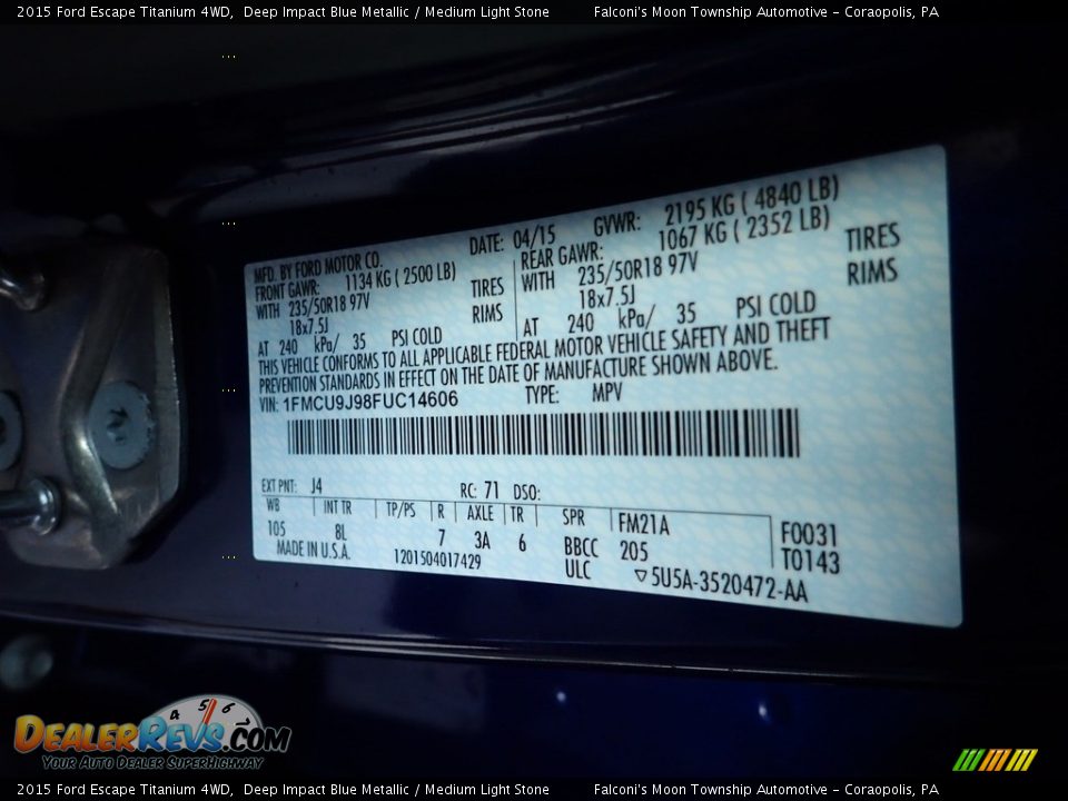 2015 Ford Escape Titanium 4WD Deep Impact Blue Metallic / Medium Light Stone Photo #23