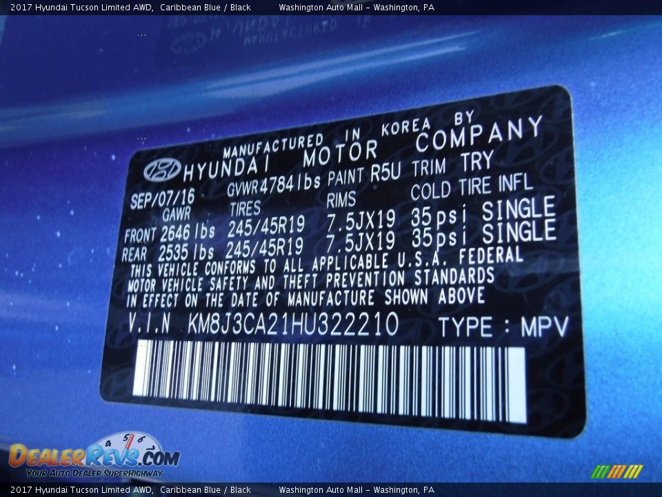 2017 Hyundai Tucson Limited AWD Caribbean Blue / Black Photo #32