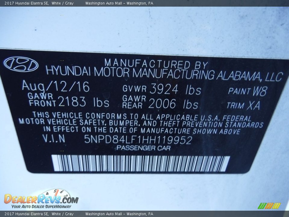 2017 Hyundai Elantra SE White / Gray Photo #22