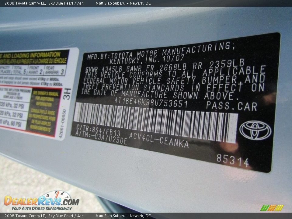 2008 Toyota Camry LE Sky Blue Pearl / Ash Photo #28