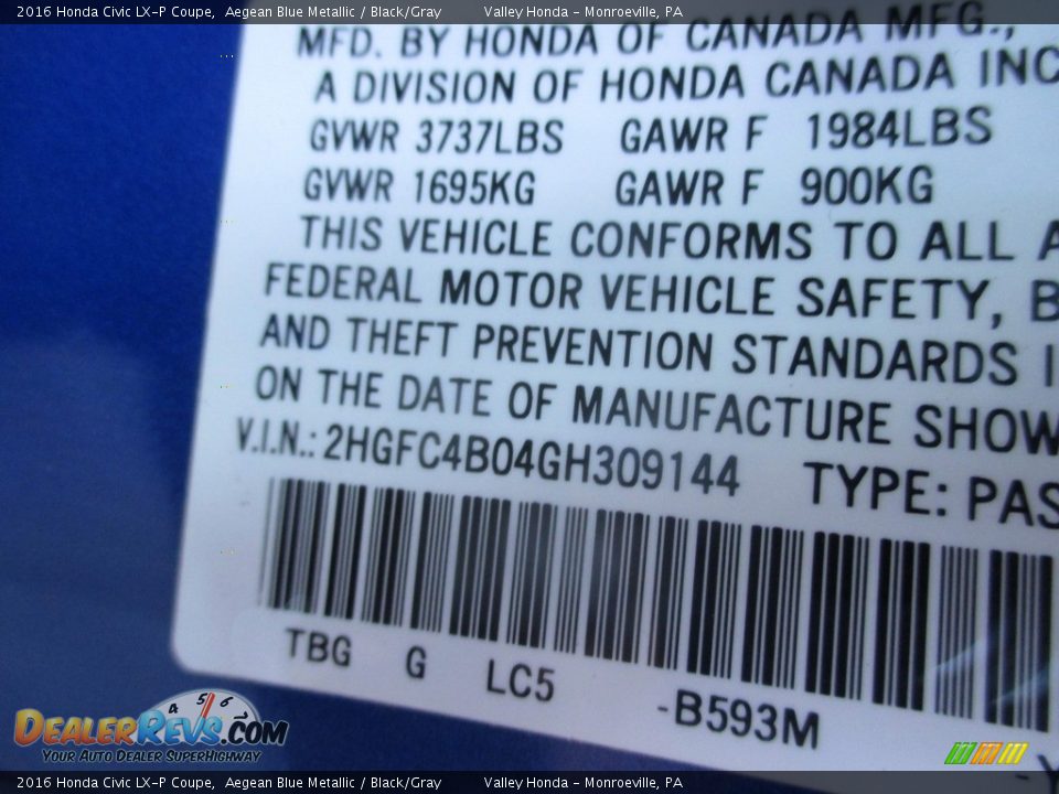 2016 Honda Civic LX-P Coupe Aegean Blue Metallic / Black/Gray Photo #19