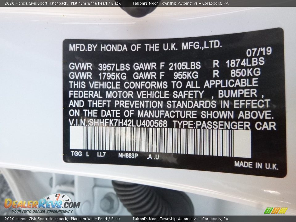 2020 Honda Civic Sport Hatchback Platinum White Pearl / Black Photo #13