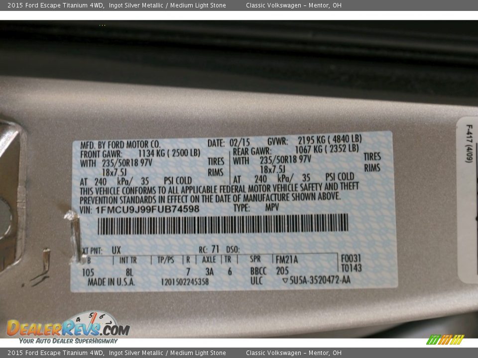 2015 Ford Escape Titanium 4WD Ingot Silver Metallic / Medium Light Stone Photo #26