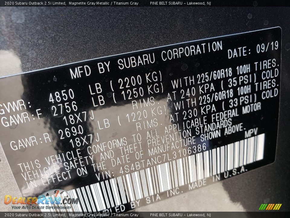 2020 Subaru Outback 2.5i Limited Magnetite Gray Metallic / Titanium Gray Photo #9