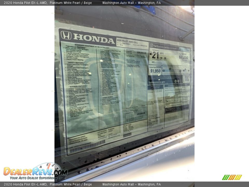 2020 Honda Pilot EX-L AWD Platinum White Pearl / Beige Photo #15