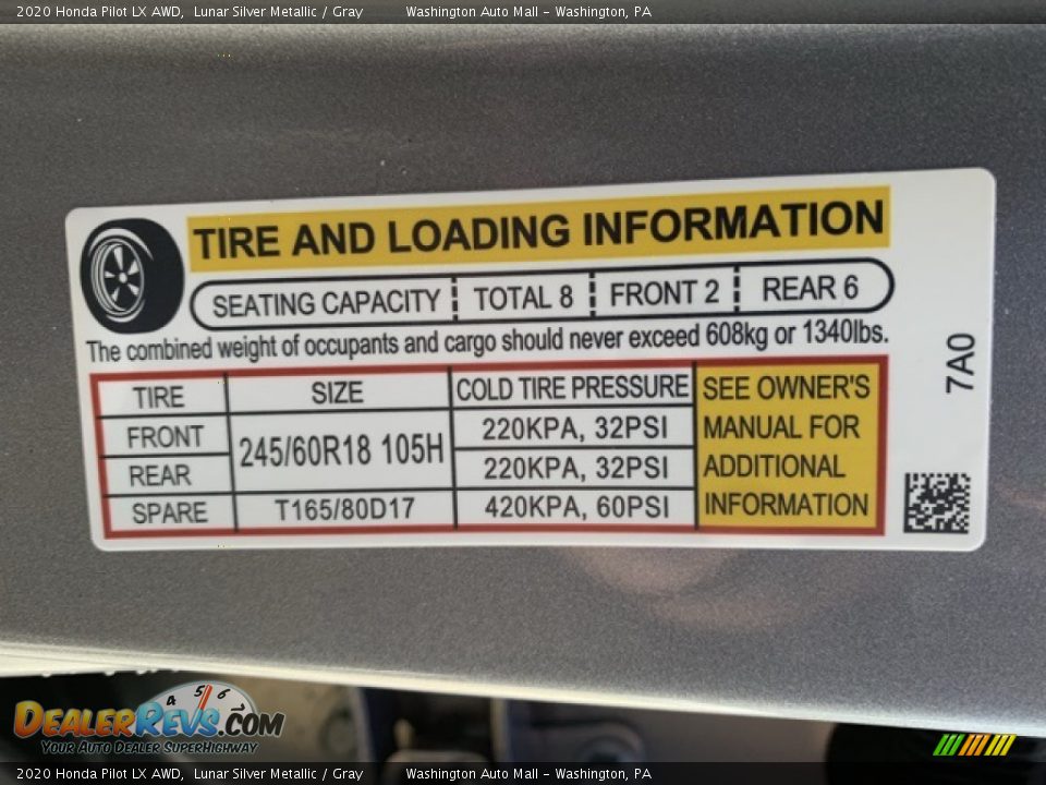 Info Tag of 2020 Honda Pilot LX AWD Photo #8