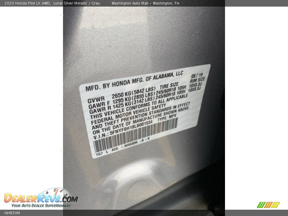 Honda Color Code NH830M Lunar Silver Metallic