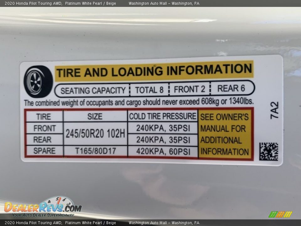 2020 Honda Pilot Touring AWD Platinum White Pearl / Beige Photo #8