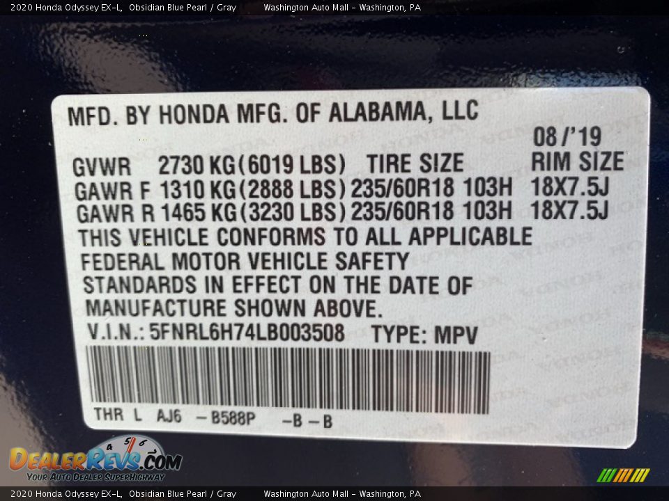 2020 Honda Odyssey EX-L Obsidian Blue Pearl / Gray Photo #9