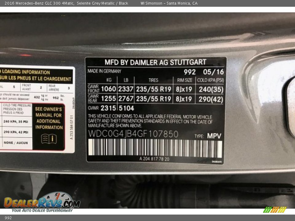 Mercedes-Benz Color Code 992 Selenite Grey Metallic