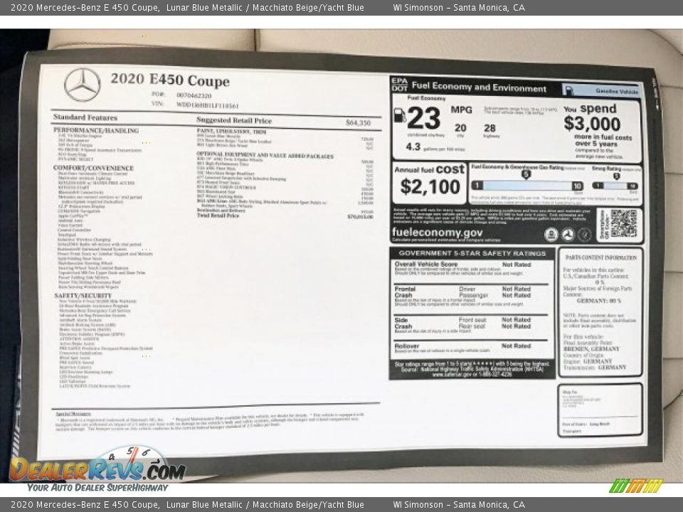 2020 Mercedes-Benz E 450 Coupe Window Sticker Photo #10