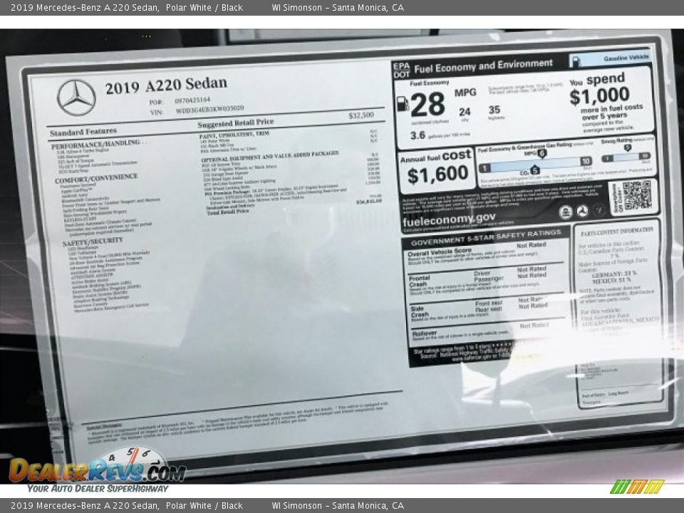 2019 Mercedes-Benz A 220 Sedan Polar White / Black Photo #10