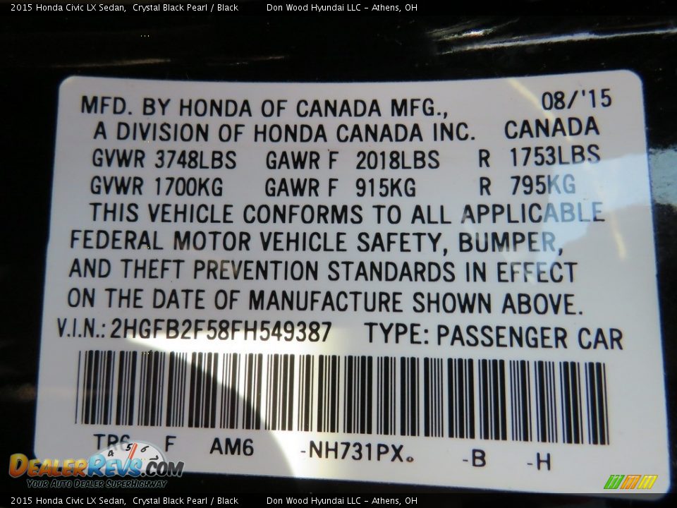 2015 Honda Civic LX Sedan Crystal Black Pearl / Black Photo #32