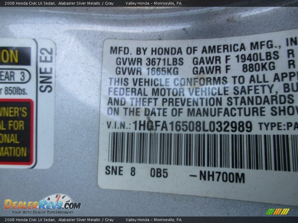 2008 Honda Civic LX Sedan Alabaster Silver Metallic / Gray Photo #19