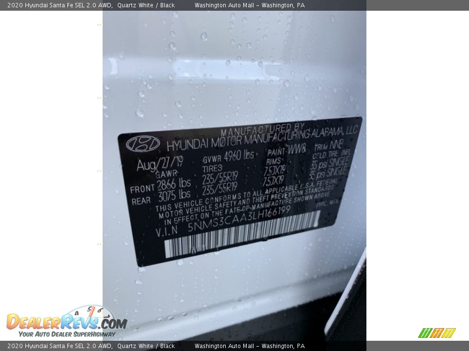 2020 Hyundai Santa Fe SEL 2.0 AWD Quartz White / Black Photo #10
